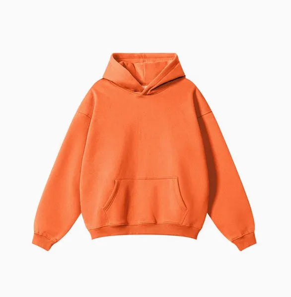 Men's cotton terry hooded pullover sweater in loose fit showing drop-shoulder sleeves and solid colour options