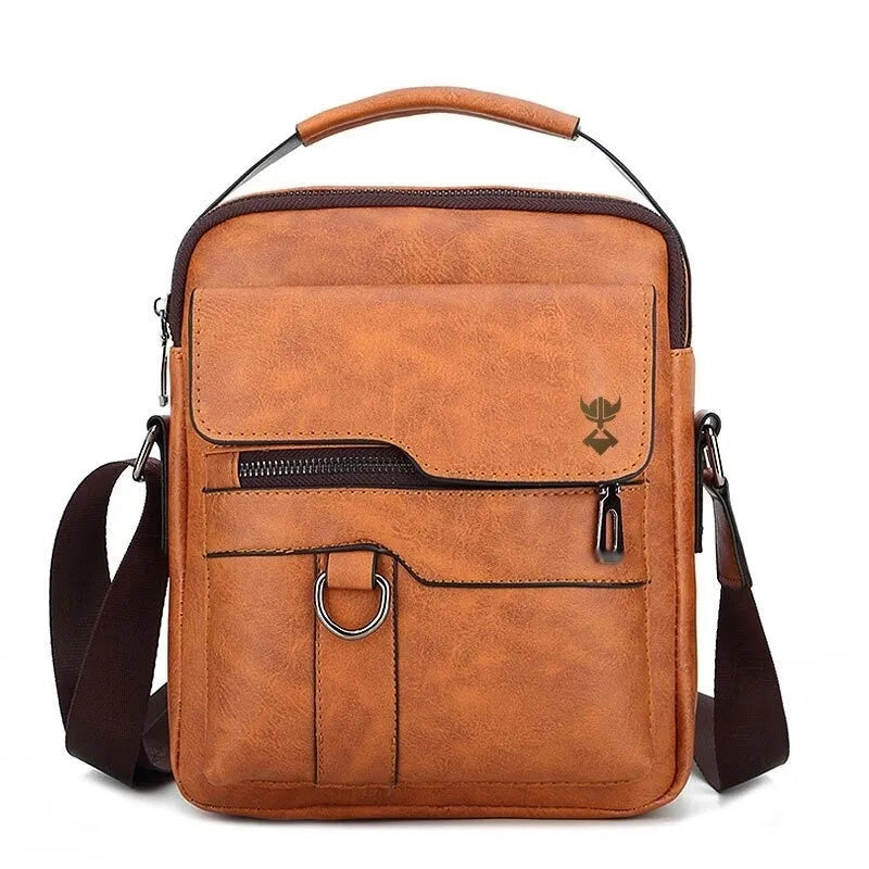 Khaki coloured PU leather men's shoulder bag with a single diagonal strap, shown with a zipper open to reveal internal phone and zipper pockets.