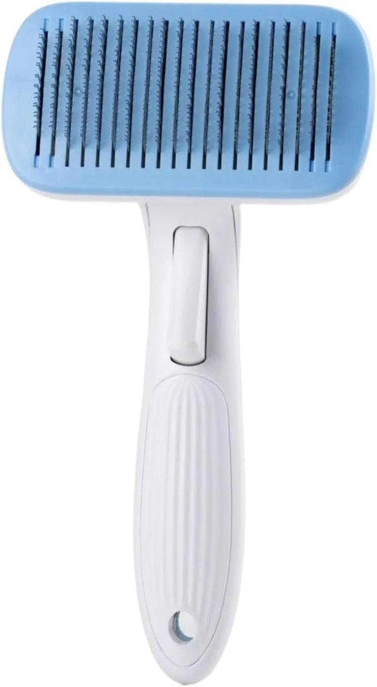 Automatic pet hair removal comb for dogs and cats in blue, grey, green, or pink colour.
