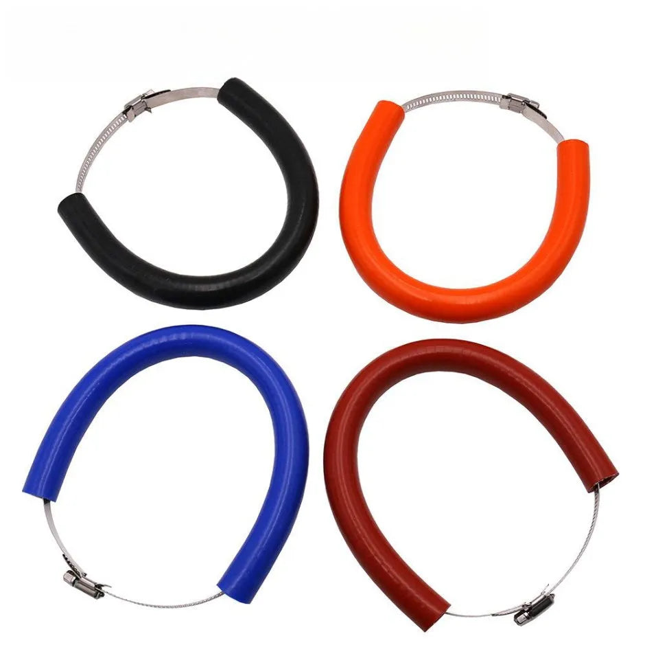 Universal motorcycle exhaust pipe anti-drop wring in black, blue, and orange colours with an exhaust gasket.