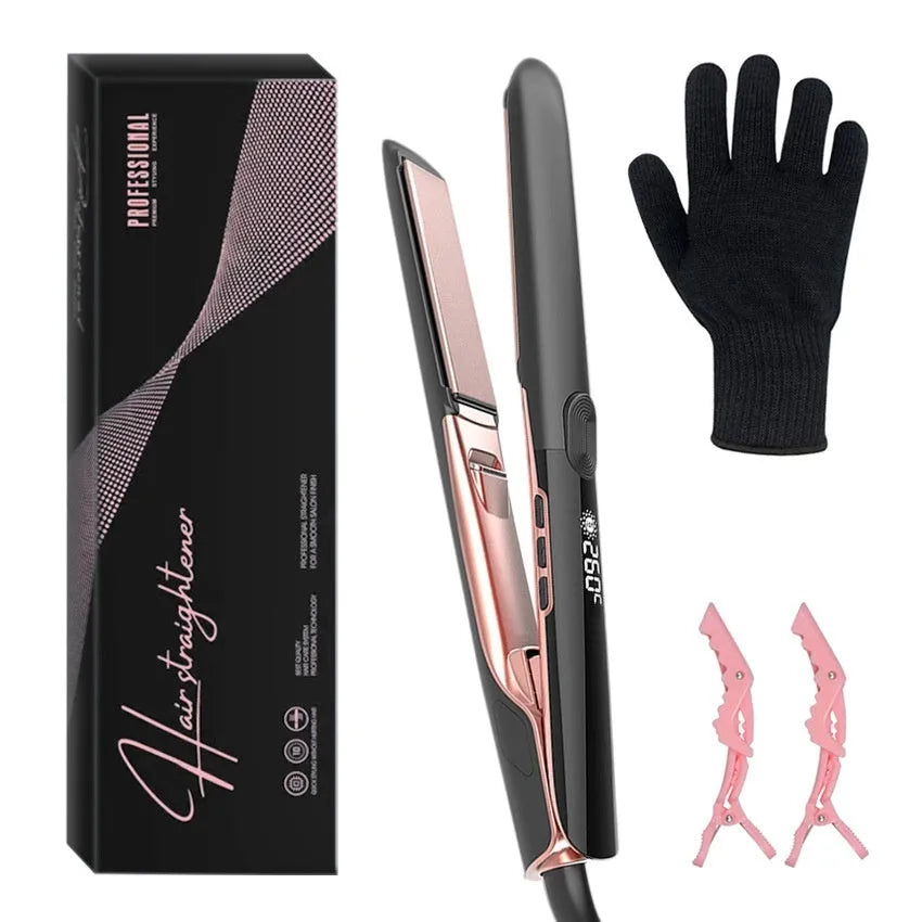 Silver hair straightener with digital temperature display showing 207℃ and European standard plug