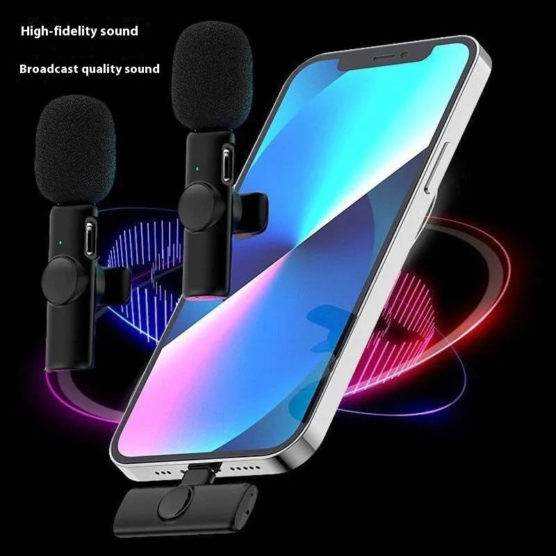 Wireless collar clip lavalier microphone with smartphone connector options for Type-C, Lightning, and 3.5mm jacks.