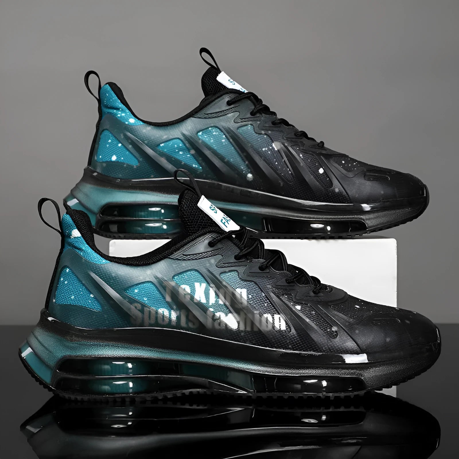 Men's black and green platform running shoes with mesh upper and rubber sole