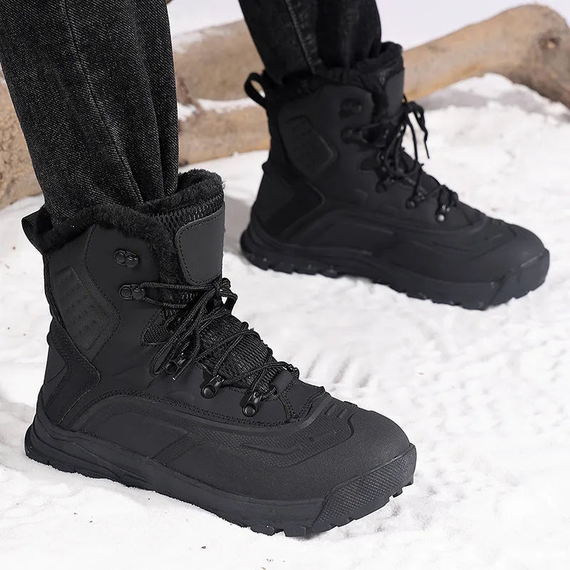 Men's black plus size high-top boots with fleece lining, flat heel, and lace-up front.