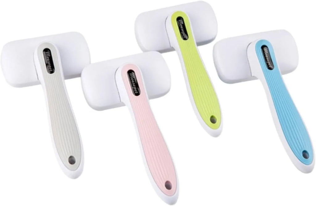 Automatic pet hair removal comb for dogs and cats in blue, grey, green, or pink colour.