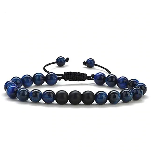 Geometric couple bracelet made of matte black agate beads with a tiger eye stone.