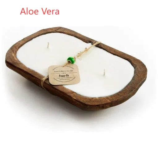 Lavender soy wax candle in wooden basin container with three wicks