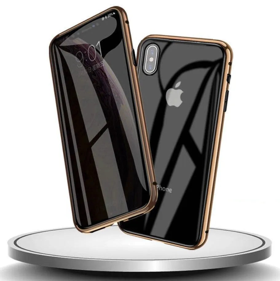 Black glass clamshell anti-spy case on an iPhone, showing geometric design and solid colour.