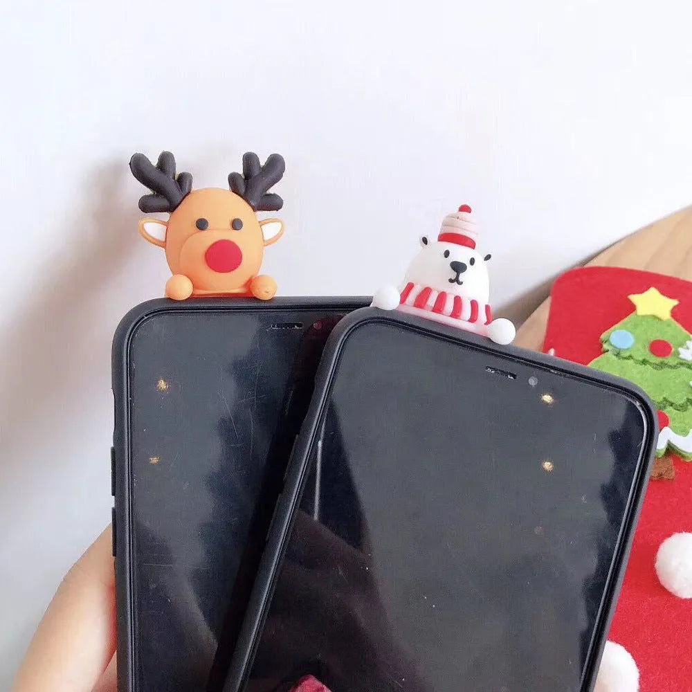 Red Christmas-themed silicone phone case on an iPhone, showing festive back cover design.
