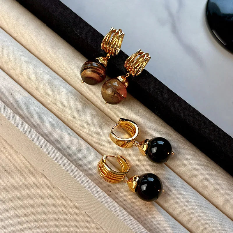 Women's geometric tigereye earrings with gold plating in brown and black colour options