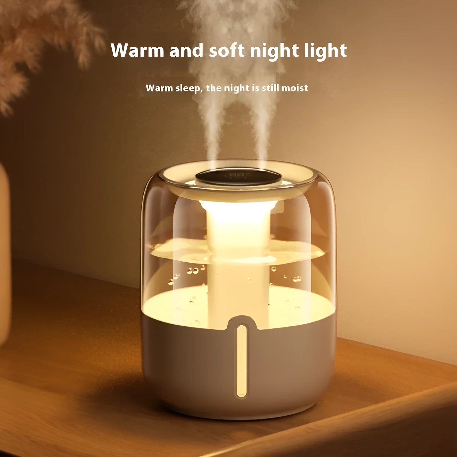 Round beige USB humidifier with digital display and dual mist nozzles