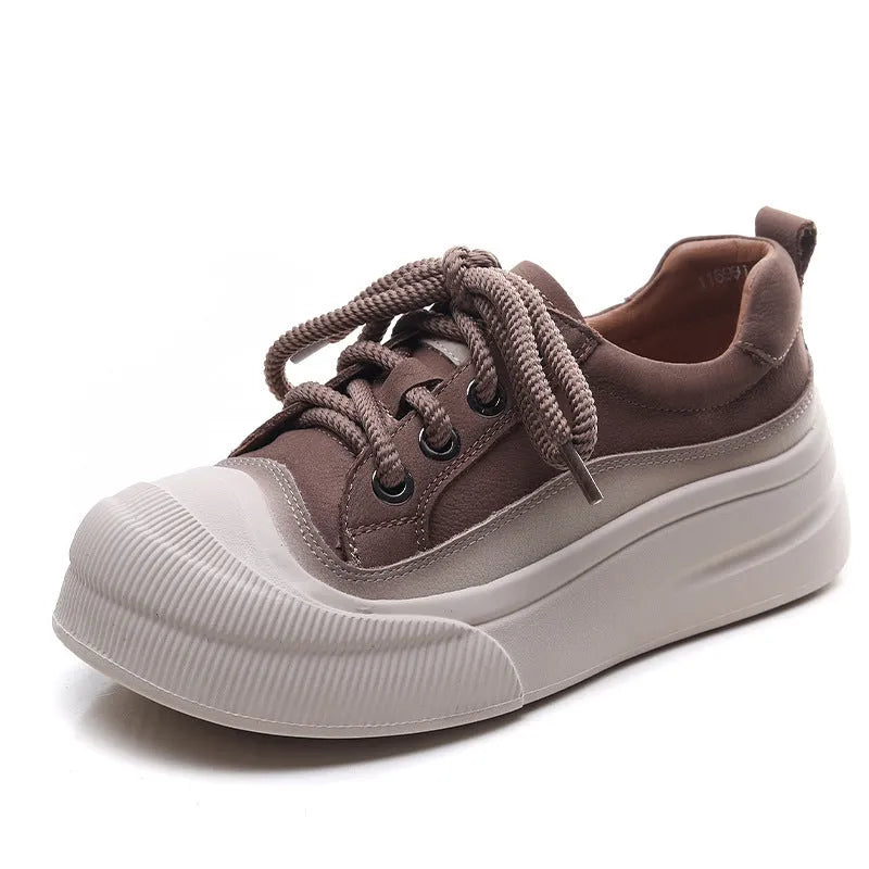 Women's yellow and cameo brown full grain cow leather lace-up casual shoes with round toe