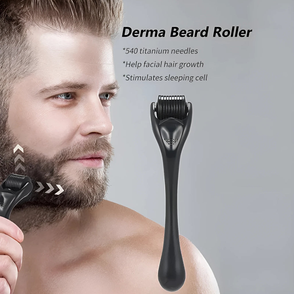 Black and purple derma rollers with titanium microneedles showing size options from 0.2mm to 1.0mm