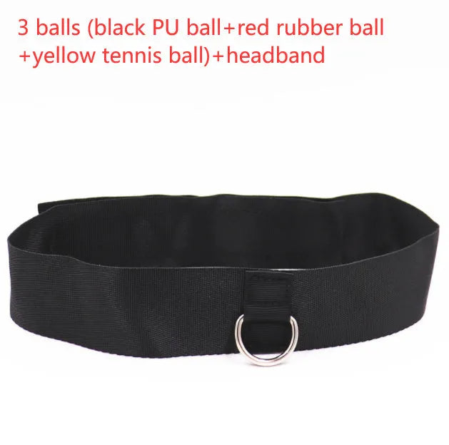 Head-mounted boxing reaction training ball with knitted and rubber adjustable headbands, shown with red, green, and yellow PU balls.