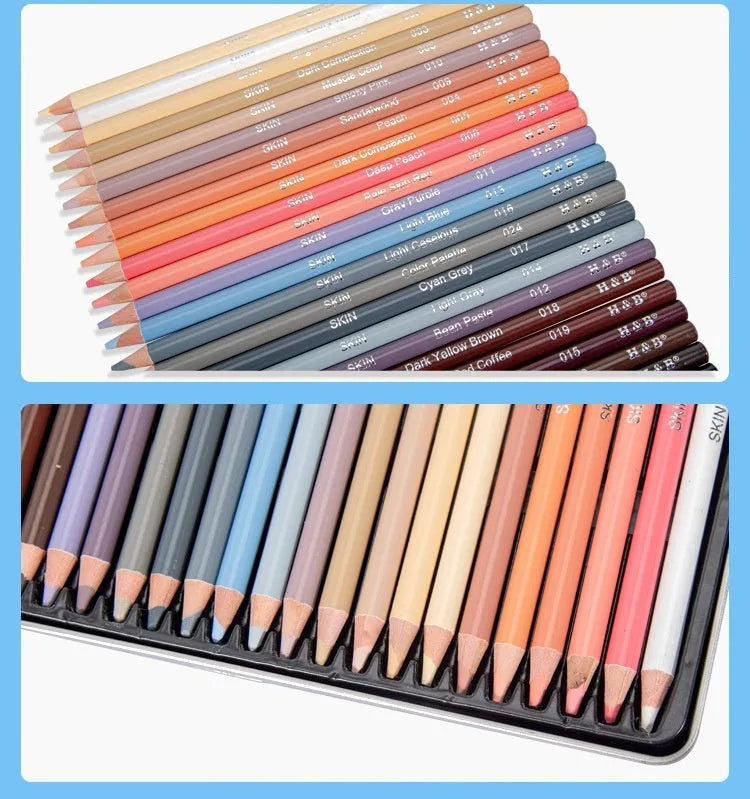 24-colour skin tone portrait pencil set in round iron storage case for hand-painted artwork