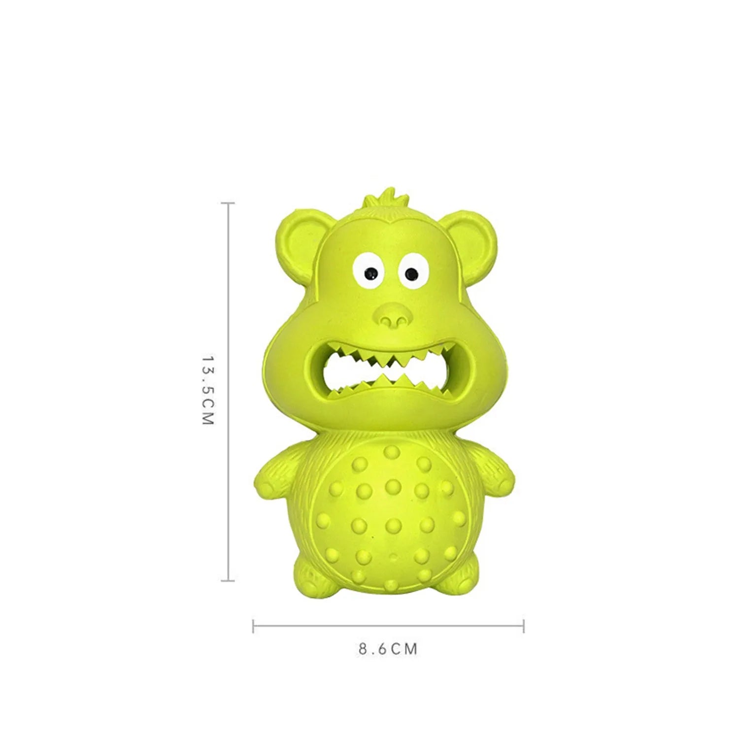 Green and yellow thick natural rubber dog toy with squeaker for large breed aggressive chewers.