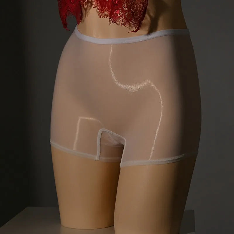 Shiny men's underwear stockings in nylon fabric showing seven colour options including red, black, grey, white and skin tones