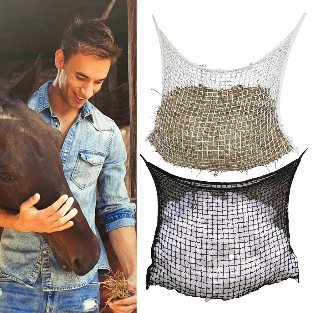 Woven PE rope livestock feeding bag hanging with grid design for cattle horses sheep