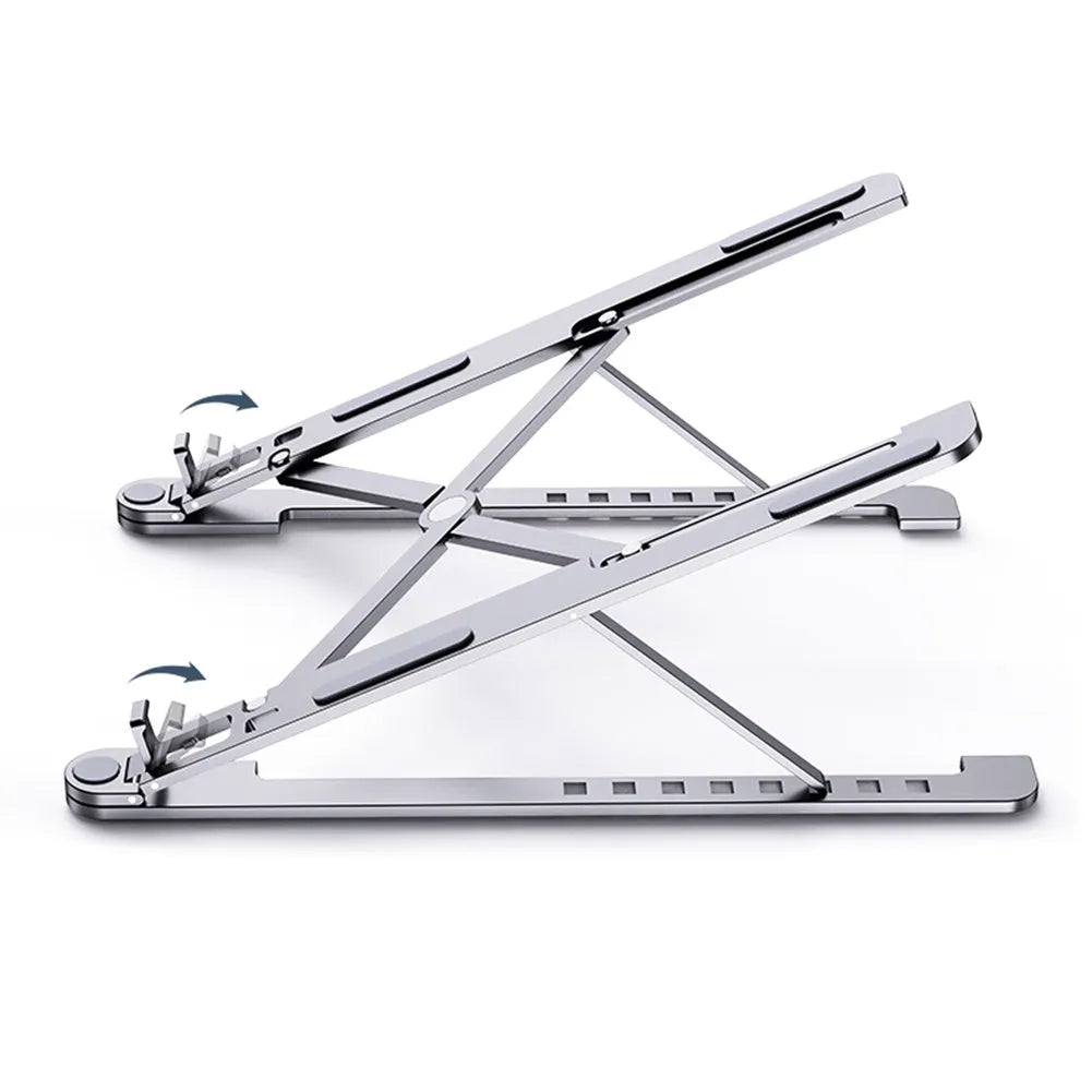Aluminium alloy foldable laptop stand shown adjusted to different heights with laptop and tablet