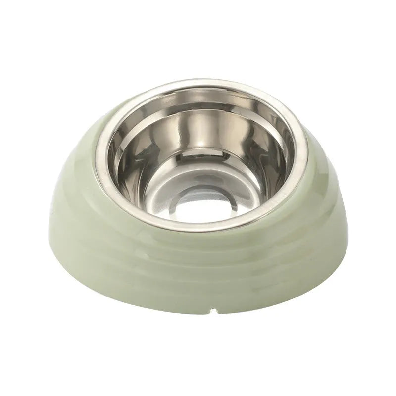 Stainless steel cat bowl on a plastic base in beige, brown, or light green.