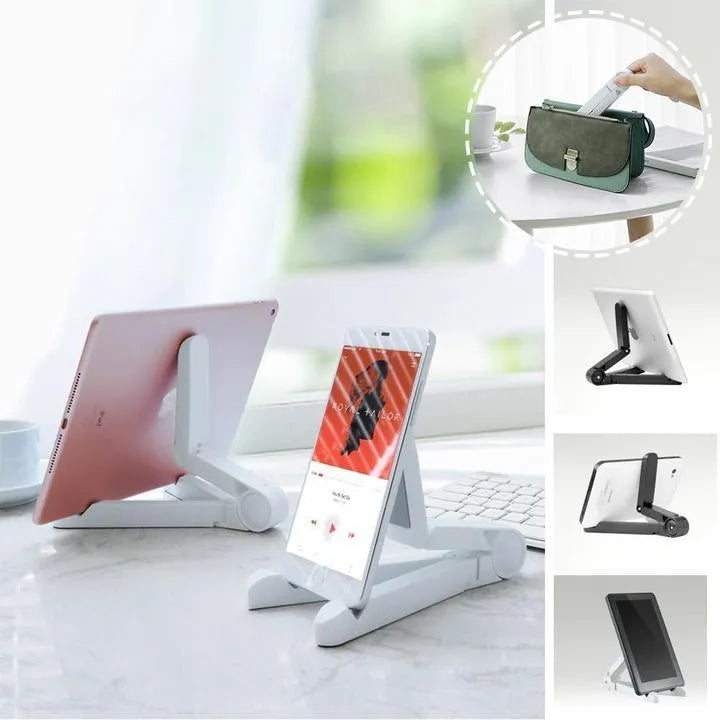 Black foldable tablet holder showing unfolded stand position with device placement area