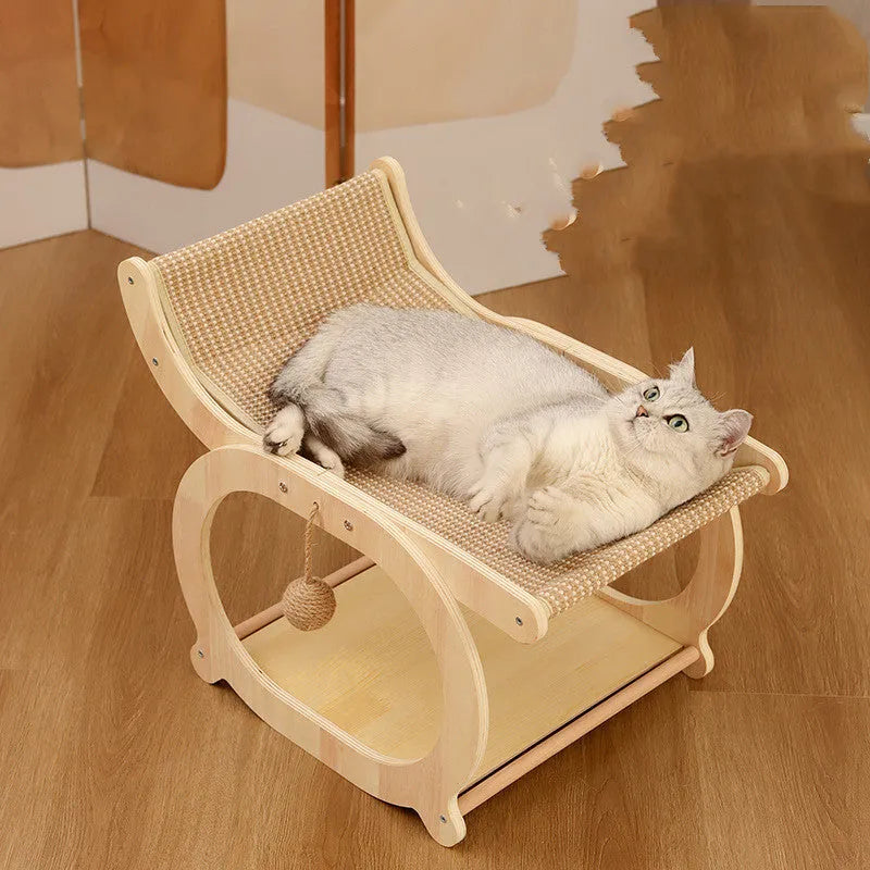 Solid wood sisal cat scratcher bed in walnut colour with scratch-resistant surface serving as multifunctional cat furniture