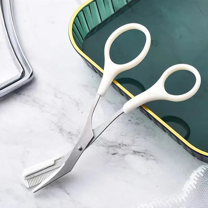 White and pink eyebrow trimming knife with curved moon comb and stainless steel blades