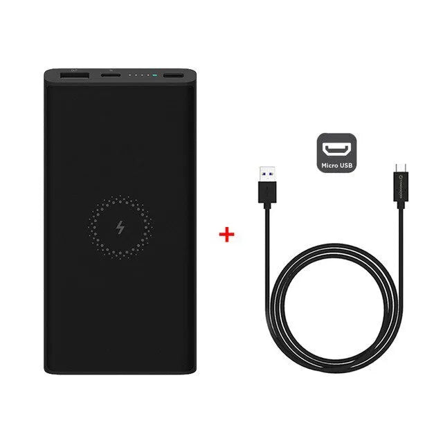 White and black 10000mAh power bank with USB Type-C port and wireless charging surface.