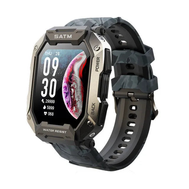 Smartwatch with silicone wristband showing touch screen display and health monitoring functions