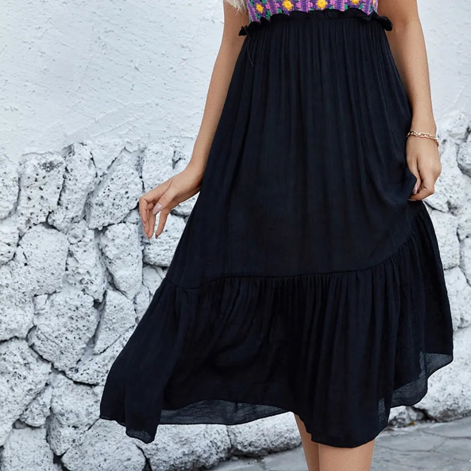 Purple sleeveless dress with hand-hook flower stitching on the fabric, shown as a free-size acrylic skirt.