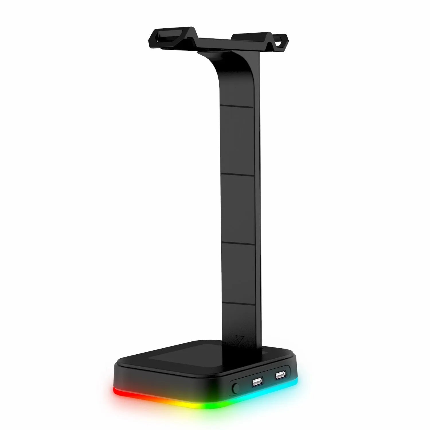 RGB colour changing headphone display stand with dual USB ports on a desk