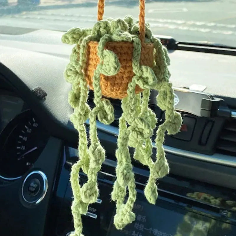 Green and white crochet car plant ornament with 25cm white hanging rope on 8cm basin base