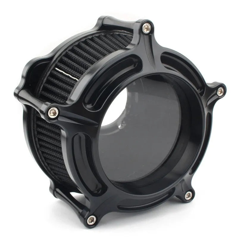 Aluminium air filter retrofitting accessories in multiple colour options including black, red, blue, and electroplated finishes