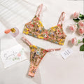 Women's floral mesh bra with steel ring and matching T-back underwear set.