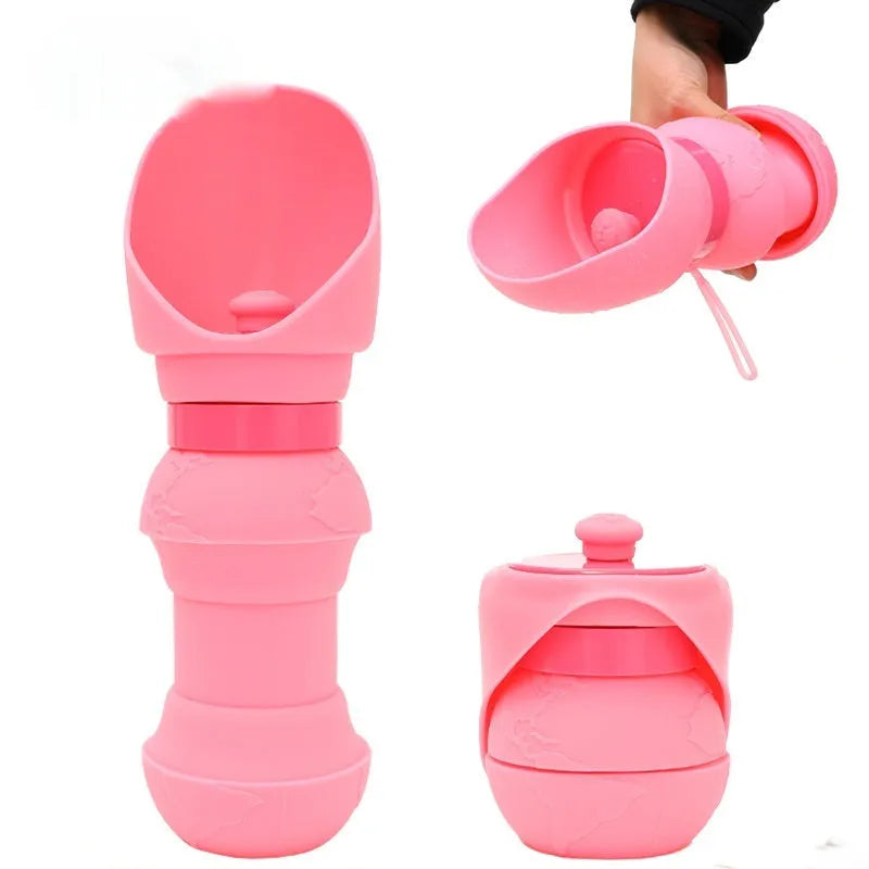Collapsible silicone pet water cup in folded and unfolded positions showing colour options