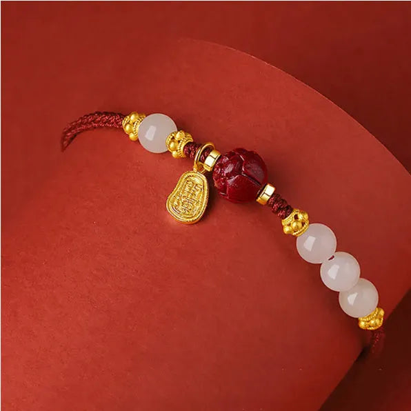 Women's Hetian jade cinnabar red rope bracelet with adjustable 925 silver chain