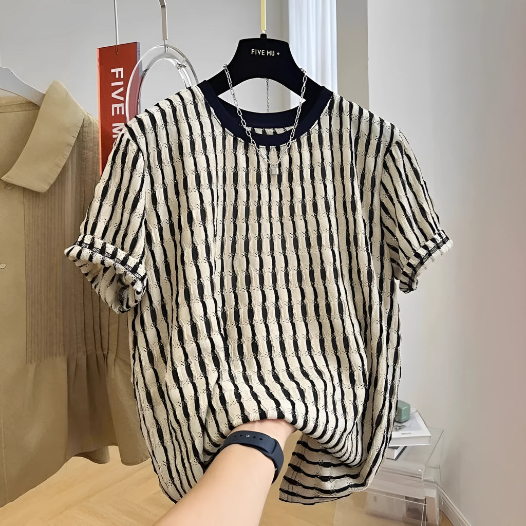 Black striped men's loose fit casual short sleeve pullover shirt on a hanger.