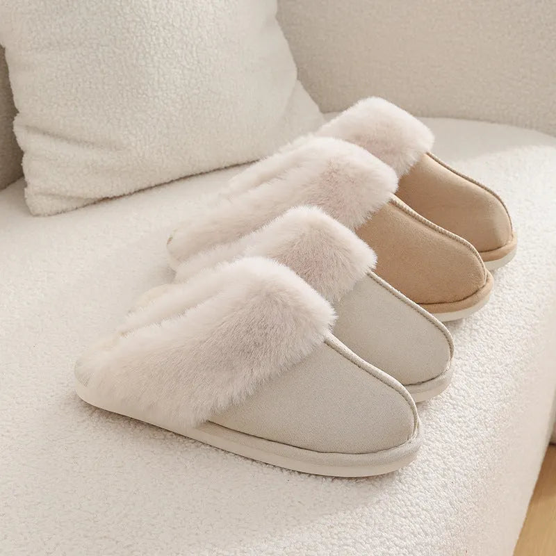 Women's winter plush slippers with round toe design in brown colour showing stitching detail