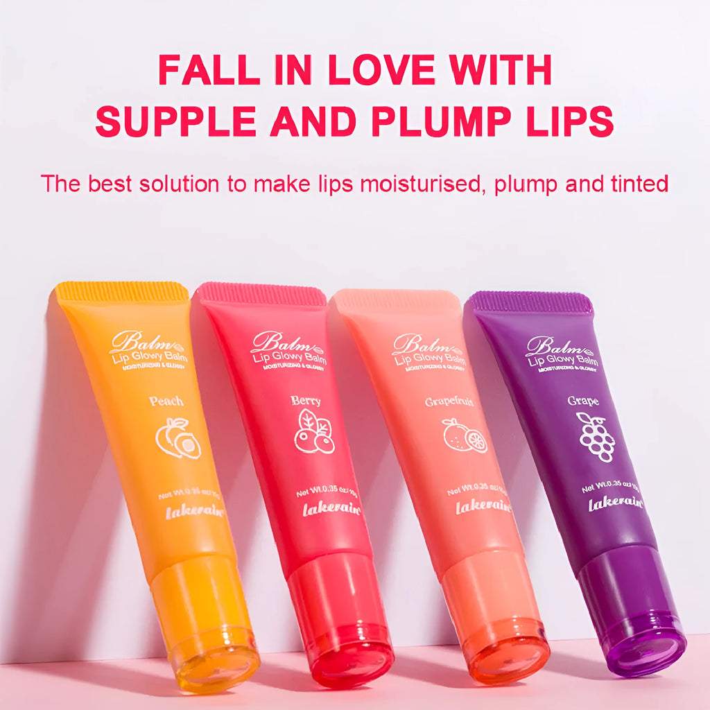Women's lip gloss in four flavour varieties: yellow peach, berry, pomelo, and grape