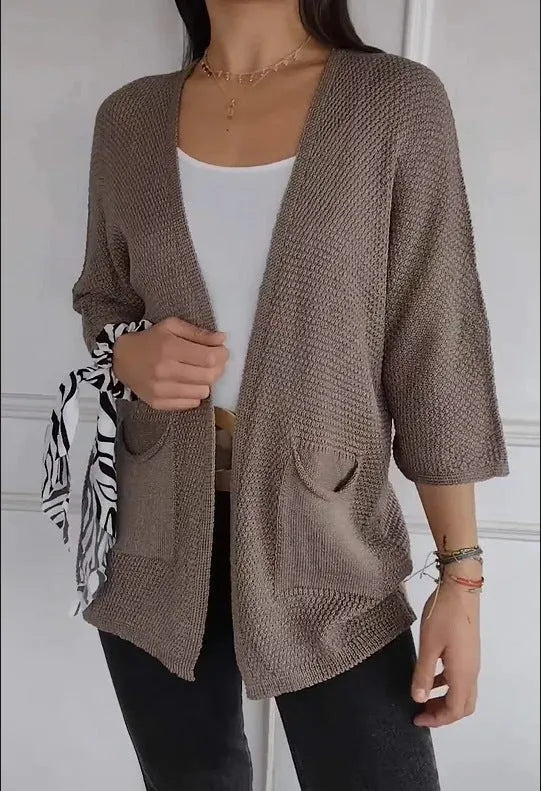 Women's waffle knit cardigan coat with nine-quarter sleeves in army green colour