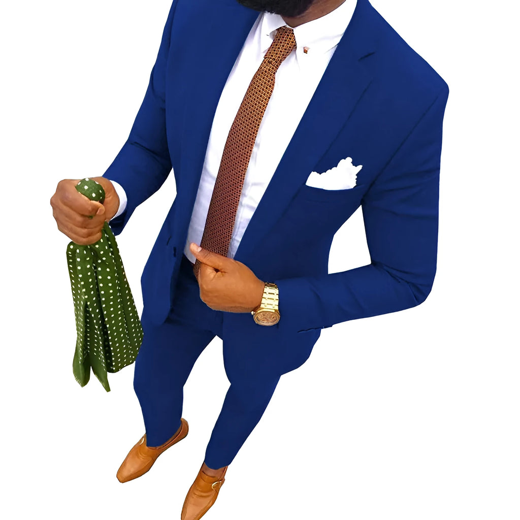Men's cotton suit jacket and trousers set shown in multiple available colours.