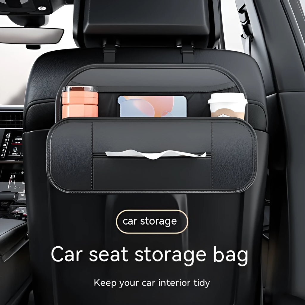 Black leather car seat rear storage bag hanging behind a vehicle seat.