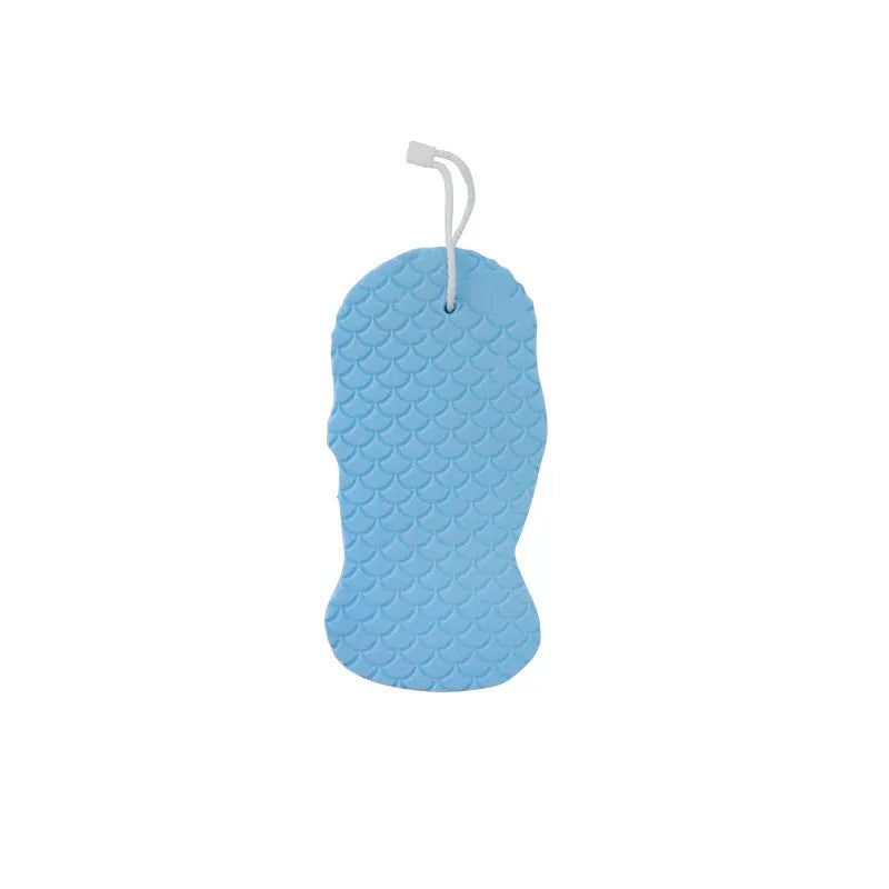 3D bath sponge ball with fish scale texture in white, grey, pink, and light blue colours