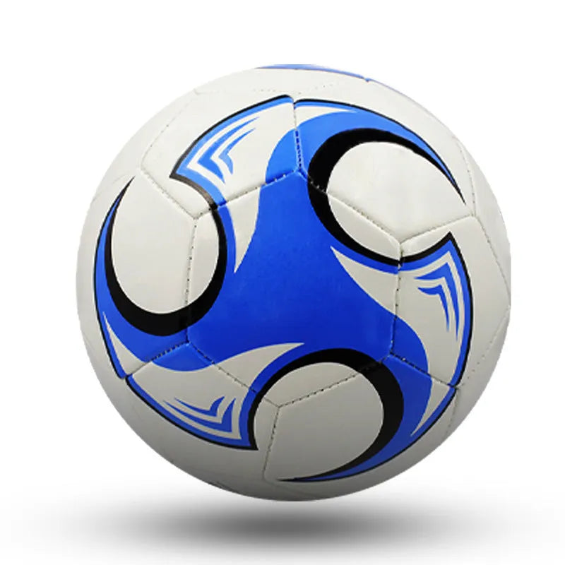 Machine-sewn PVC football in sizes 3, 4, and 5 shown in various colour patterns including red dragon roll and tornado blue.