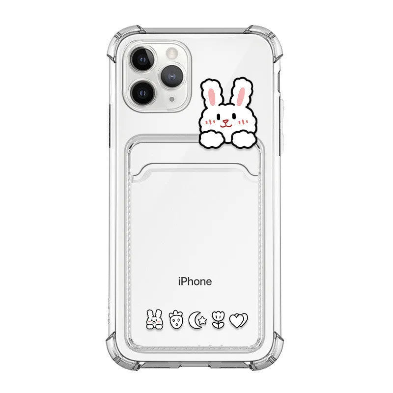 Cartoon design transparent TPU iPhone case with built-in card holder slot on the back.