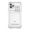 Cartoon design transparent TPU iPhone case with built-in card holder slot on the back.
