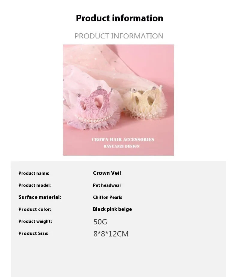 Adjustable princess crown headdress for cats in beige or pink veil options