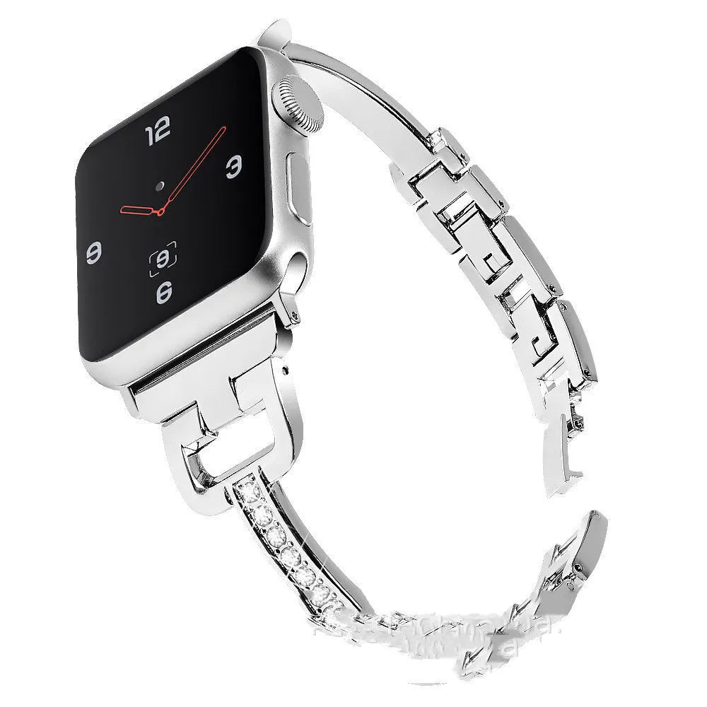 Smart watch with D-shaped metal diamond-patterned strap compatible with Apple Watch