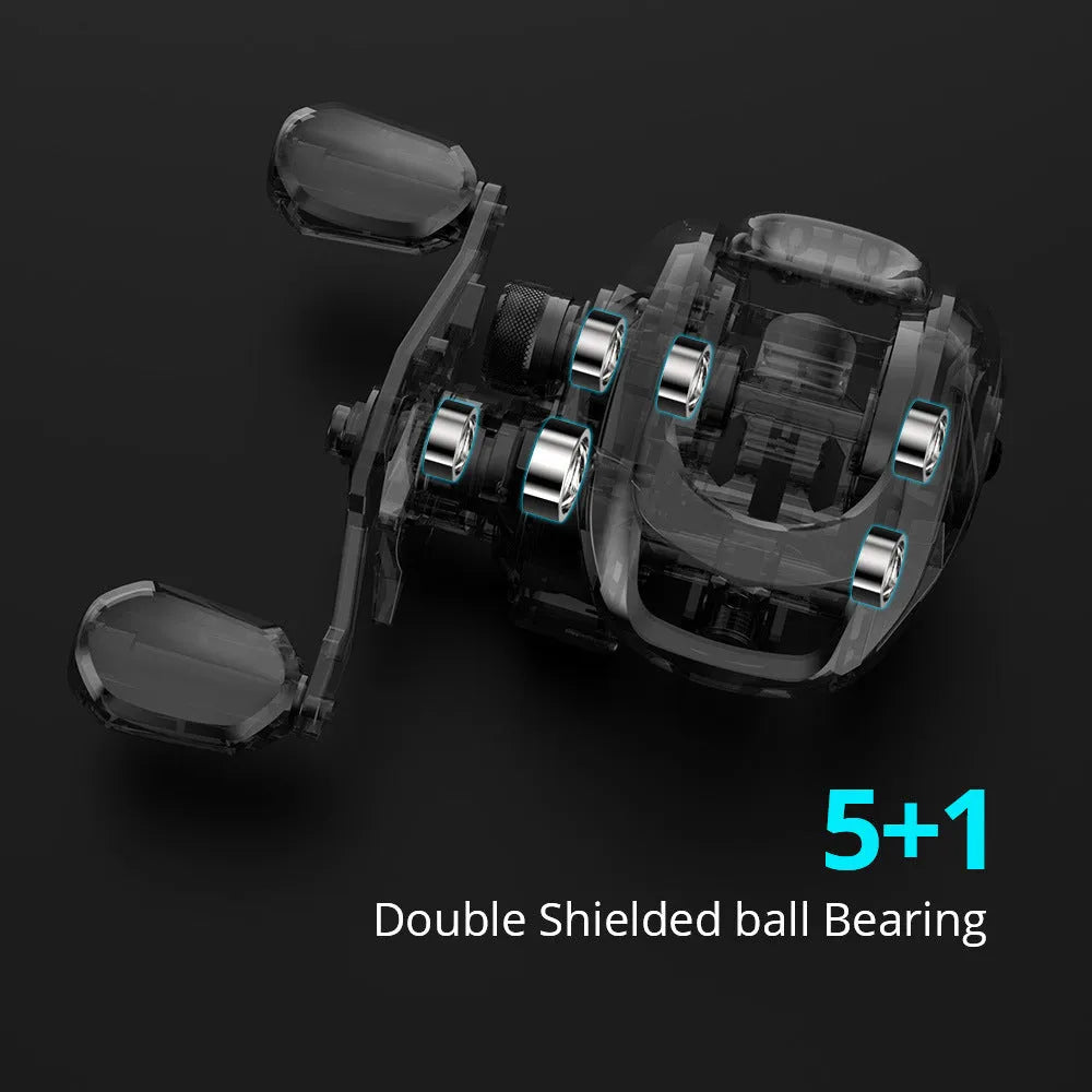 Drip wheel lure fishing reel with rocking wheel mechanism showing left and right-handed wheel orientation options