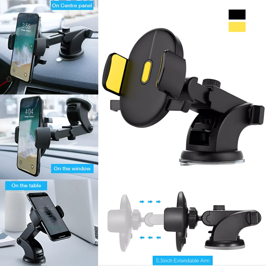 Yellow and black telescopic car phone holder with extendable arm and suction cup mount on dashboard
